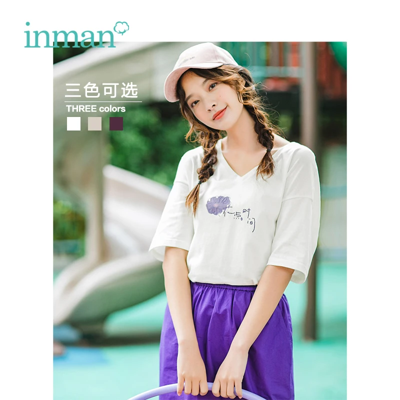 

INMAN 2019 Summer New Arrival V-neck Literary Print Retro All Matched Loose Slim Short Sleeve Women T-shirt
