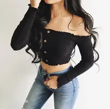 Camisa feminina curta sem ombro, blusa cropped com botão