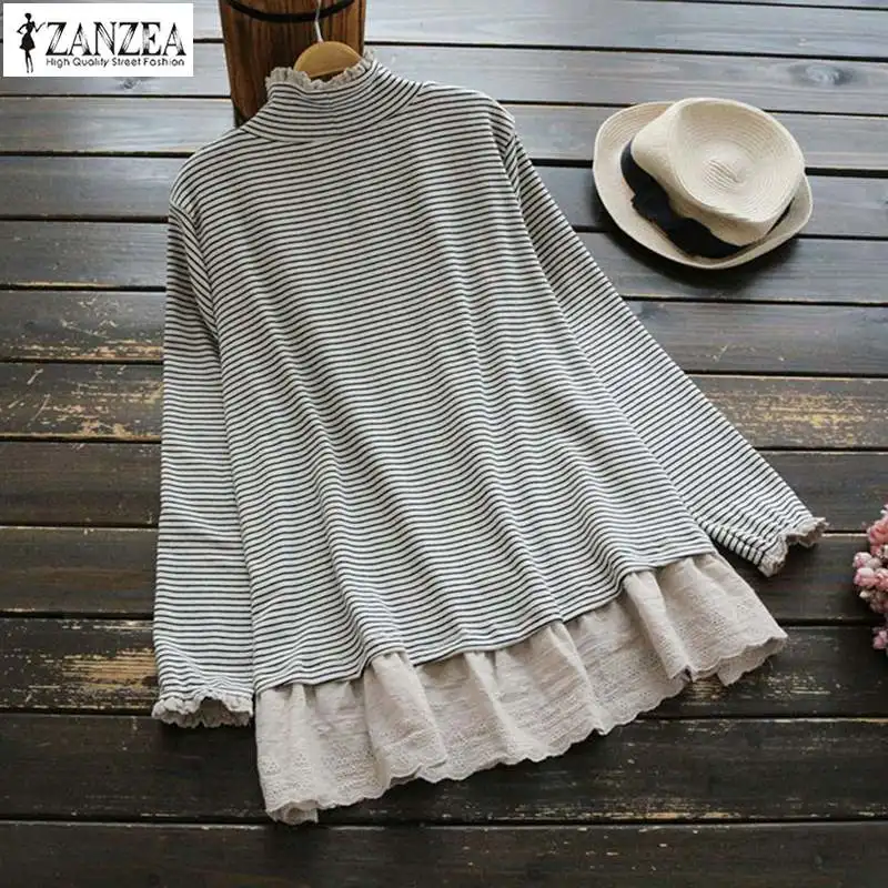 

ZANZEA 2019 Spring Turtleneck Striped Blouse Women Lace Patchwork Baggy Blusa Female Casual Long Sleeve Shirt Tees Oversized 5XL