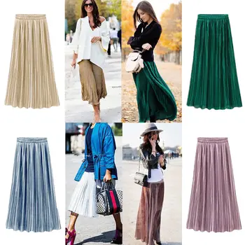 

Women Ladies Dresses Vintage Elastic High Waist Pleated Swing Flared Skater Midi Solid Long Skirt
