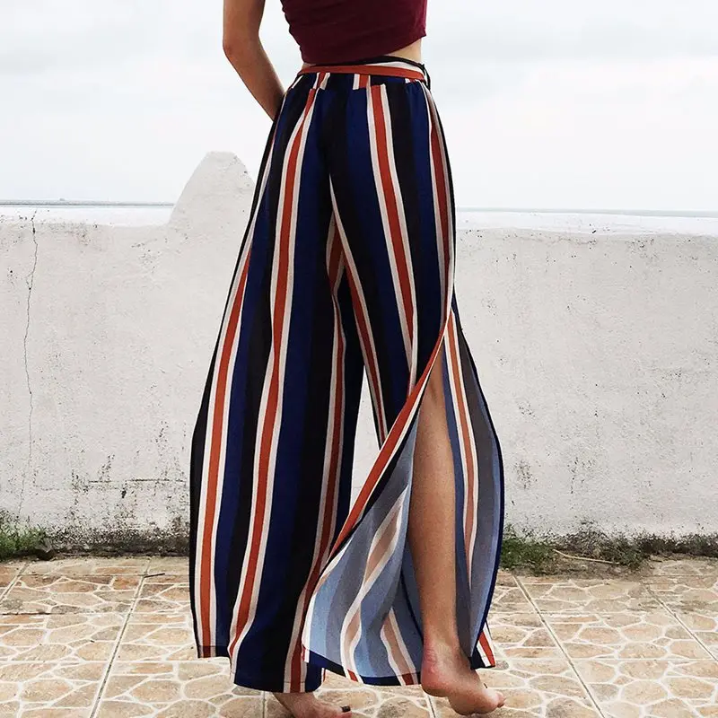 

Wide Leg Pants Women Sexy Split Fashion Stripe Lace Up Boho Loose Casual Trousers Summer High Waist Elegant Travel Beach Pants