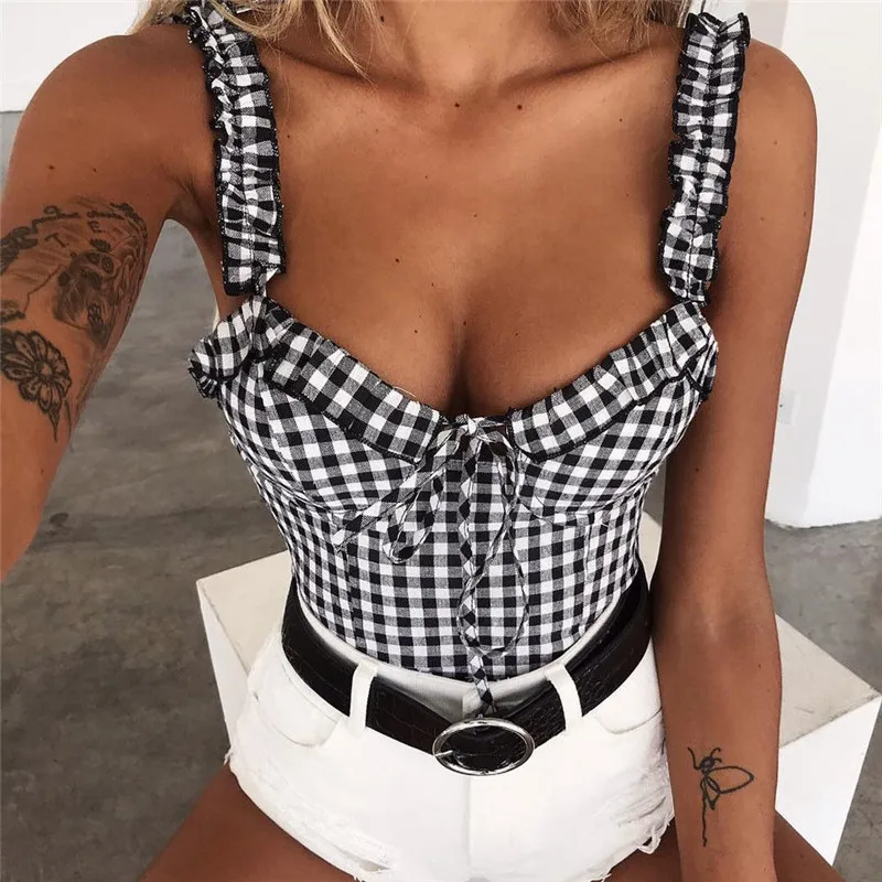 

Fashion Women Boho Beach Summer Crop Top Elegant Bowknot checkerboard Vest Sleeveless Tank playa tunique debardeur femme