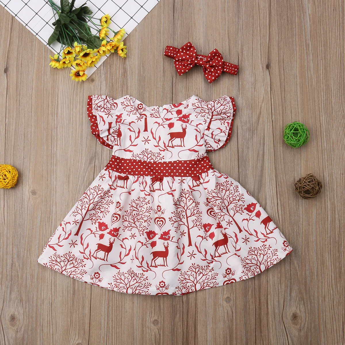 Платье с принтом оленя для маленьких девочек рождественское платье трапециевидной формы до колена с бантом и рукавами-лепестками на голову От 0 до 3 лет