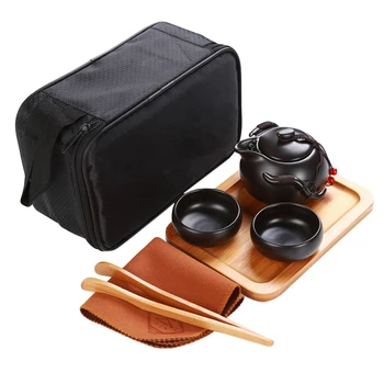 

Black Outdoor Travel Tea Set Portable Chinese Kung Fu Tea Set [1 Teapot + 2 Cups] With Bamboo Tea Tray Free Shipping
