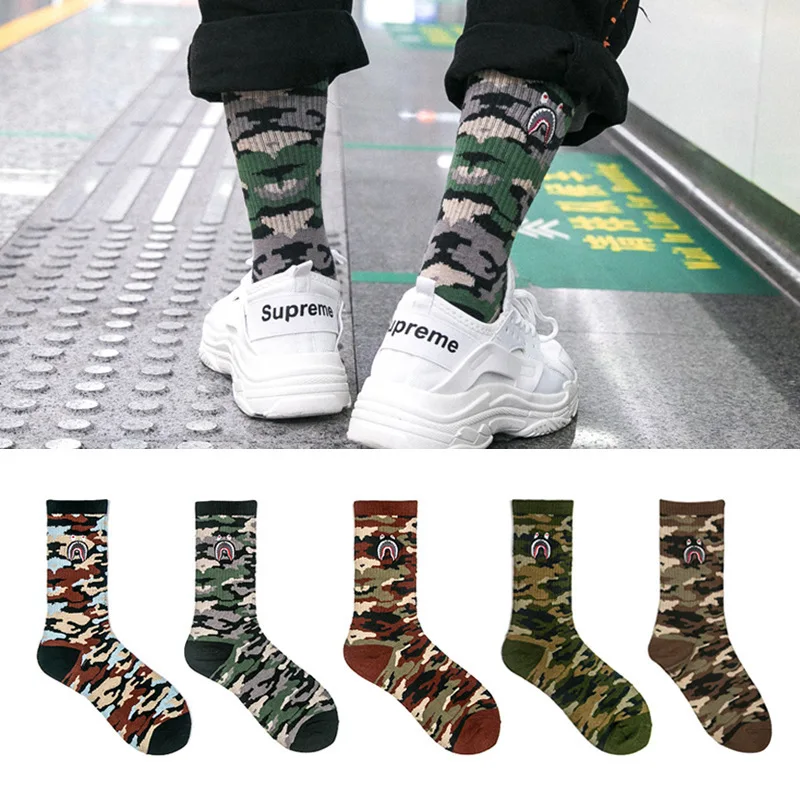 

Four Seasons New Socks Personality Hip Hop Street Men And Women Socks Camouflage Shark Fashion Trend INS Skateboard Cotton Socks