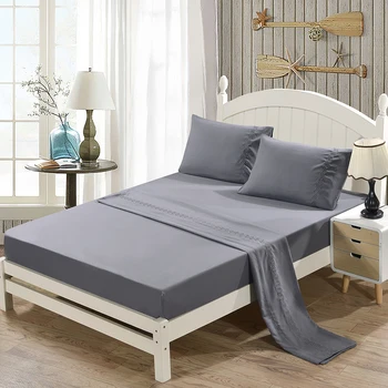 

Grinding Embroidery Bedding Set Soft Gray Fitted Sheet + Flat Sheet + Pillowcase Sheet Sets Queen 4-Piece Bedclothes