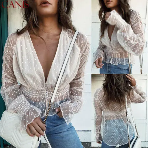 

Women Puff Sleeve Polka Dot Casual Loose Party See Through Long Sleeve V Neck Tops Blouse