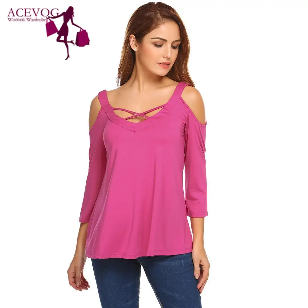 

Meaneor New V Neck Cold Shoulder Sexy Charming Blouse Women Casual 3/4 Sleeve Solid Loose Pullover Top Blouse