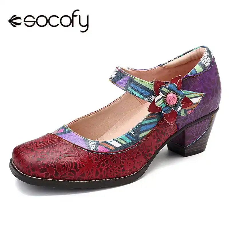 socofy vintage leather flower shoes