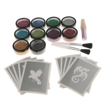

MagiDeal Temporary Body Art Face Paint Shimmer Glitter Powder Tattoo Stencils Brushes Tattoo accesories
