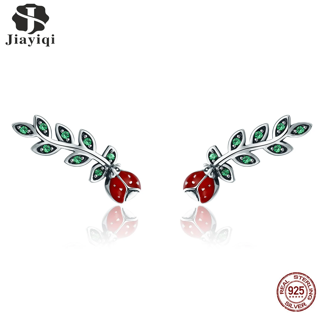 

Jiayiqi 925 Sterling Silver Insect Ladybug Red Flower & Green Leaves Stud Earring For Women Girl Sterling Silver Fashion Jewelry