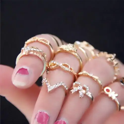 

7Pcs Women V Bowknot Rhinestone Knuckle Midi Mid Finger Tip Stacking Rings Set