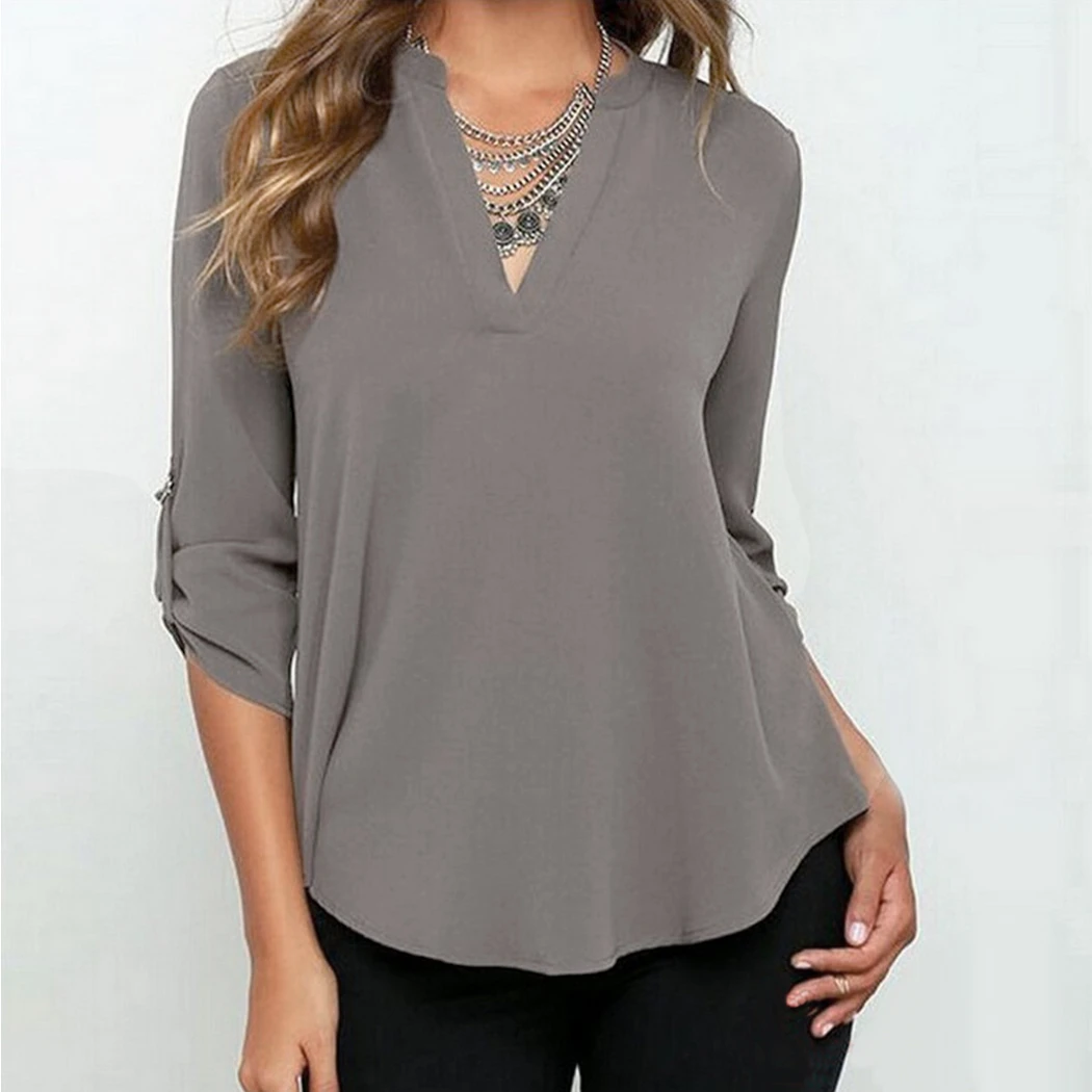 2019 Tops y Blusas para mujeres Plus tamaño cuello en V gasa de manga larga camisetas sueltas sólido ropa Blusas Mujer|Blusas y camisas| - AliExpress