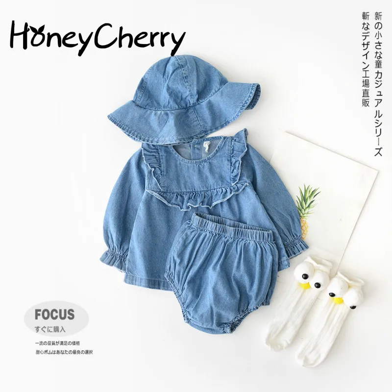 

Girl Spring Lotus Leaf Side Flying Sleeve Long-sleeved Denim Suit Two Sets Baby Girl Clothes Girls Clothing Sets(no hat)