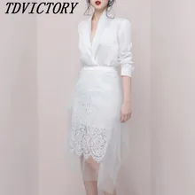 Подиумные весенние юбочные костюмы, модные белые сексуальные рубашки с глубоким v-образным вырезом, женские комплекты+ сетчатая Лоскутная кружевная юбка, костюмы