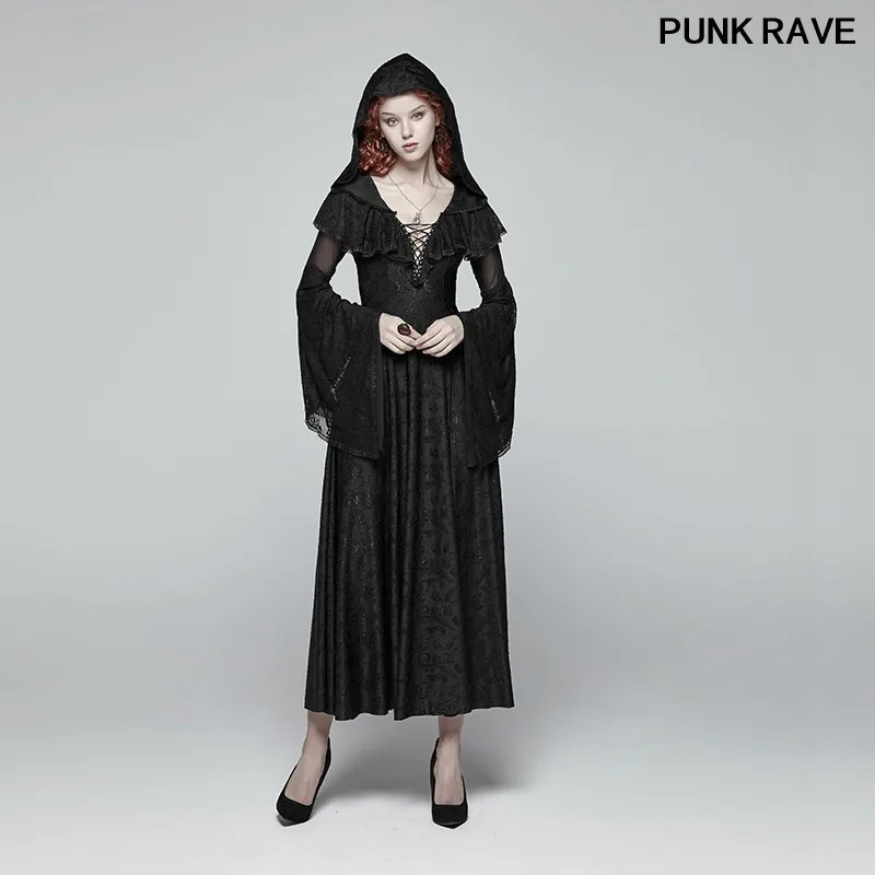 

Gothic Vintage Witch Lace Sexy Evening Party Dress Fashion Medieval Black Long-sleeved Jacquard Hooded Dresses PUNK RAVE Q-401