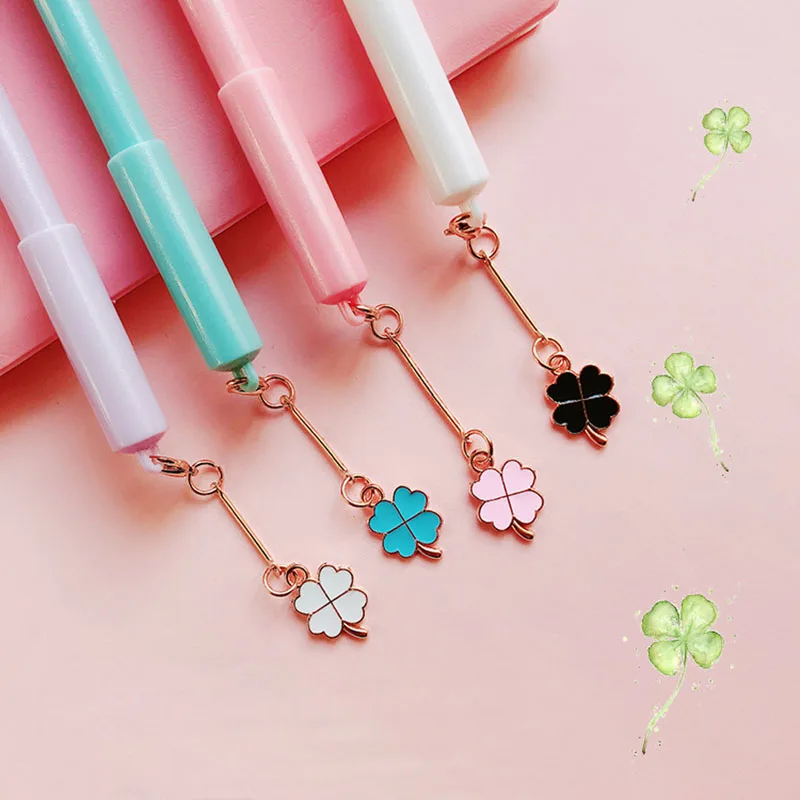 EZONE 1PC Four-Leaf Clover Pendant Gel Pen 0.5mm Black Ink Girl Favors Pen Writing Neutral Pen School Stationery Supply 4 Colors