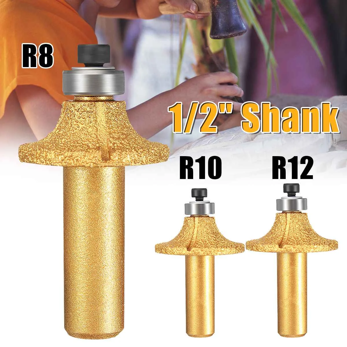 

1Pc R8/R10/R12 Diamond Stone Marble Grinding Edge Router Bit 1/2" Shank Milling Cutter