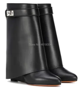 

KALMALL Runway Metal Shark Lock Mid -Calf Boots Women Pointed Toe Leather Wedges Slip On Height Increasing Motorcycle Booties