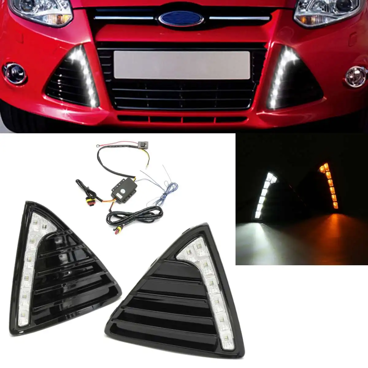 

New Pair Car LED Daytime Running Light Fog Lamp DRL For Ford for Focus 2011 2012 2013 2014 White/Yellow Turn Signal Lamp
