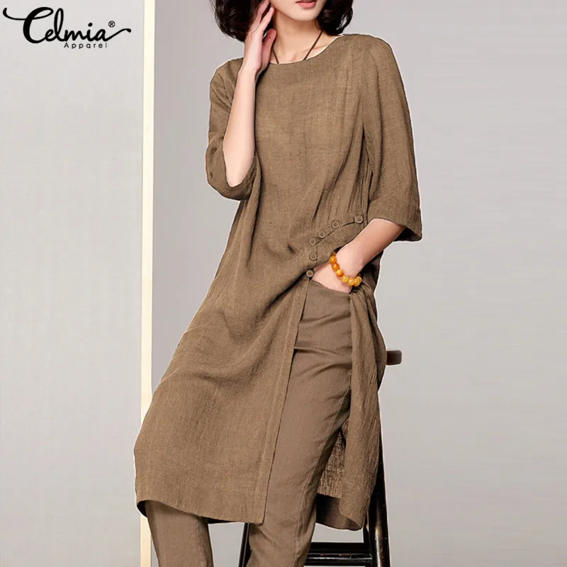 

Celmia Women Blouses Vintage Linen Shirts 2019 Summer Plus Size Tops Half Sleeve Loose Split Casual Solid Long Blusas Femininas