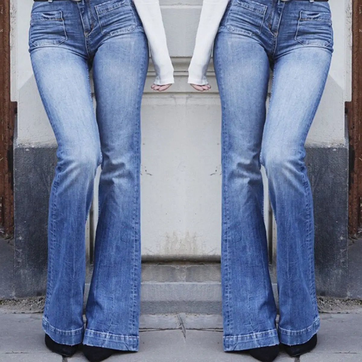 النساء ريترو عالية الخصر بسط Bootcut الجينز نحيل متوهج السراويل السيدات جرس أسفل عارضة بنطلون