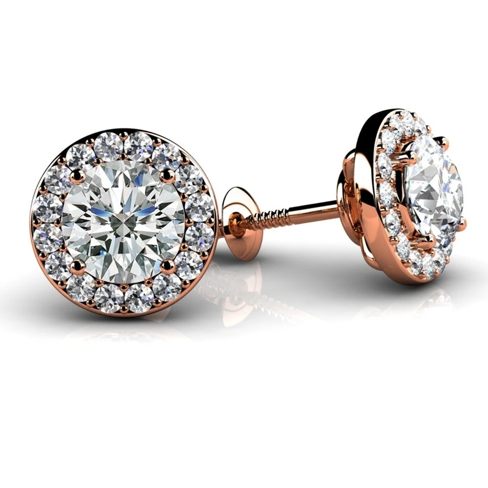 1.58 Ct Round Cut Natural Diamond Halo Studs Earrings In 14k Rose Gold