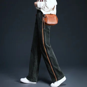 

#2741 Winter Green Corduroy Pants Womens Side Striped Pleated Wide Leg Corduroy Pants For Women Elastic High Waisted Loose