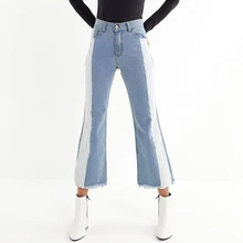 Полосатые джинсовые штаны с принтом, с расклешенным подолом, с высокой талией, Европейский, женские джинсы, хлопковые брюки