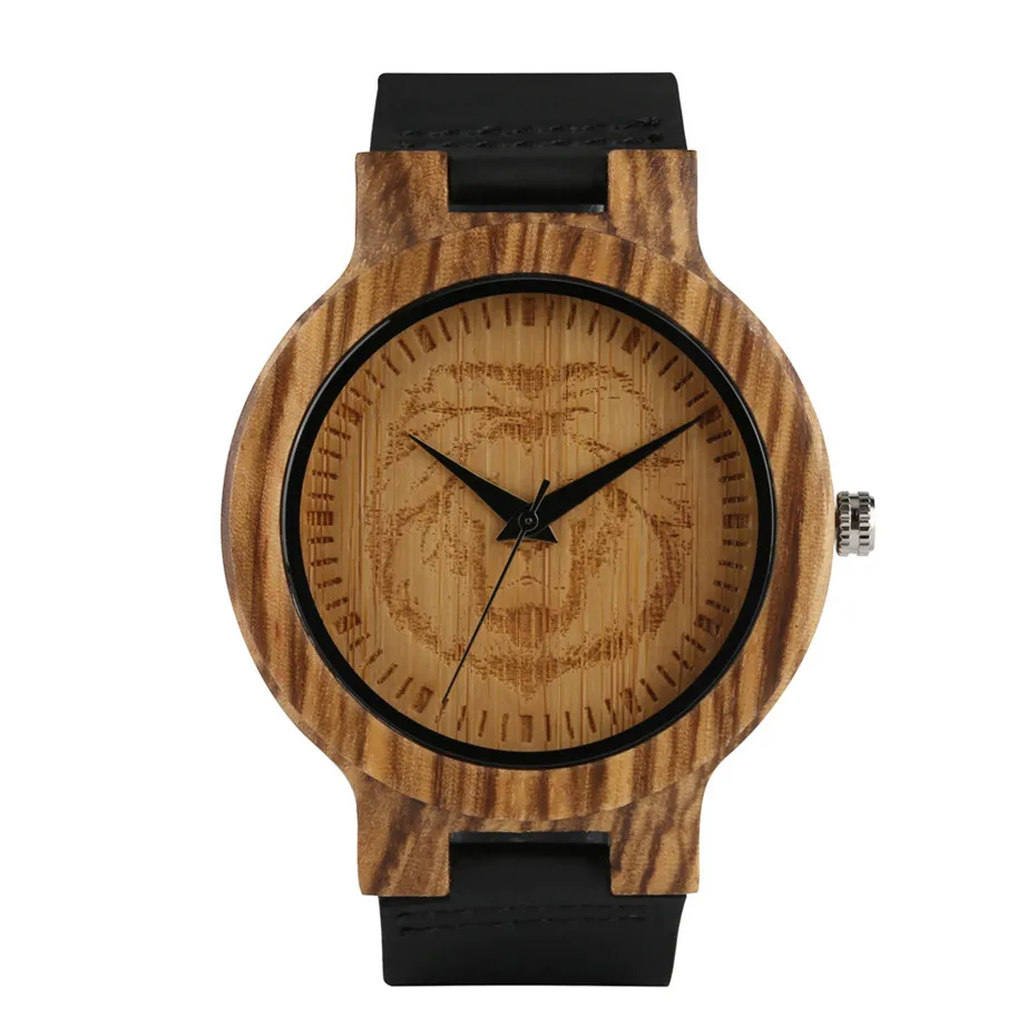 Lion Face Nature Wooden Watch Men Quartz Watches Black Leather Band