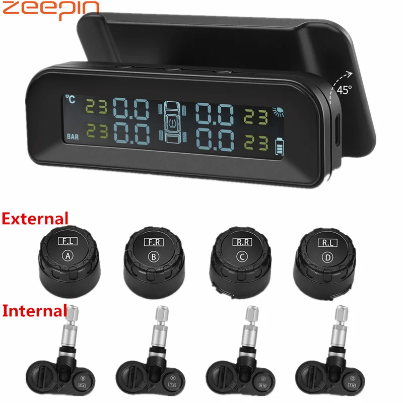 

ZEEPIN C260 Tire Pressure Monitoring System Solar TPMS Universal Real-time Tester LCD Screen with 4 External Internal Sensors