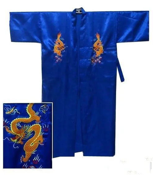 Темно-синий китайский Мужской Атласный шелковый халат с вышивкой кимоно банное платье Дракон Размер S M L XL XXL XXXL S0103-E