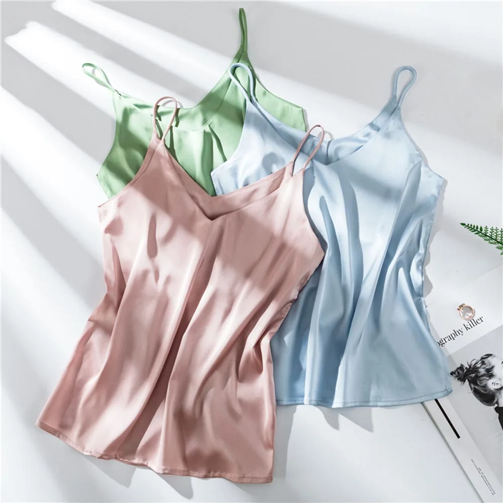 

Hotsale Women Silk Satin Camisole Plain Strappy Vest Top Sleeveless Blouse Tank Strap Lady Sexy Summer Camis Solid Red Camisole