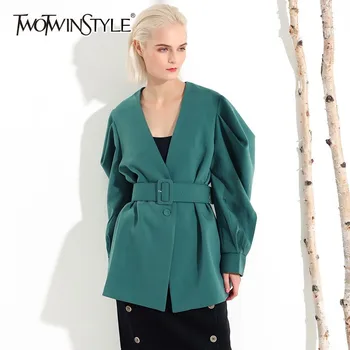 

TWOTWINSTYLE Casual Womens Coat V Neck Batwing Long Sleeve Bandage Oversized Coats Female 2020 Autumn Fashion Clothes Tide