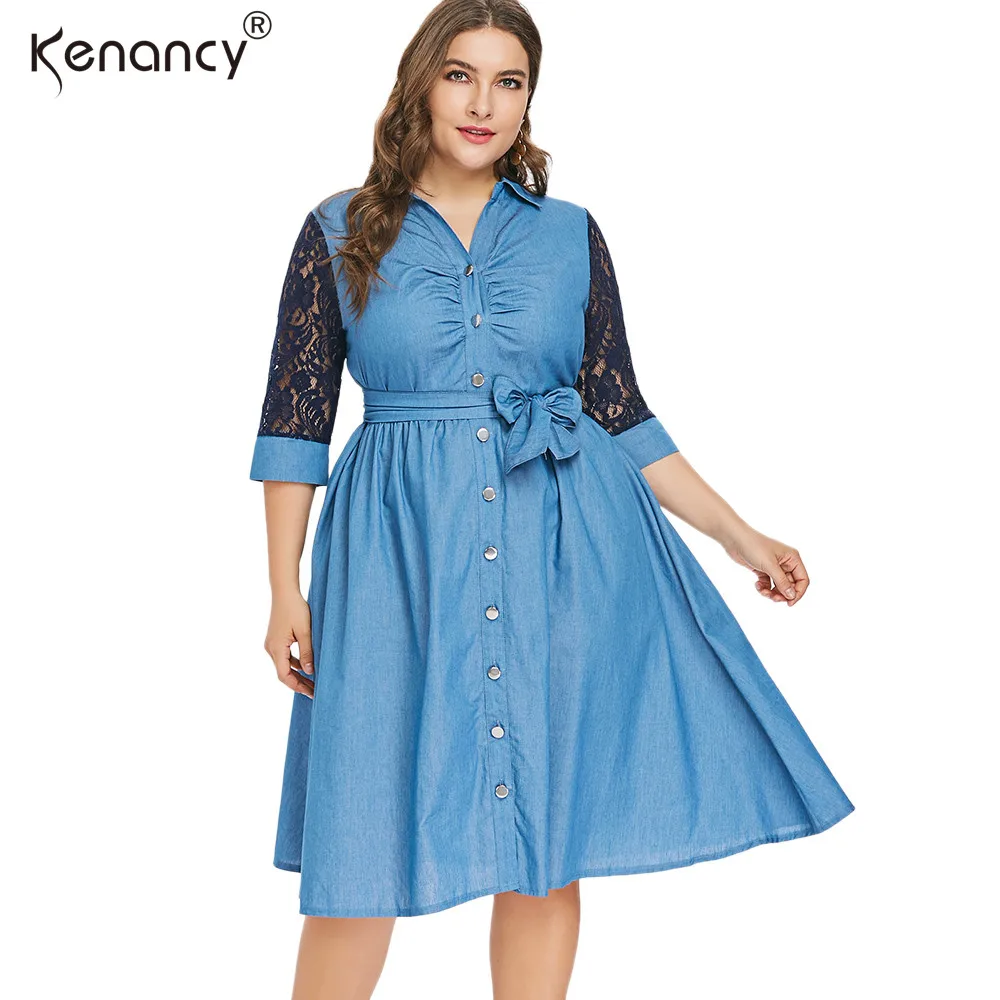 

kenancy Plus Size Lace Sleeve Belted Button Up Denim Dress Women Dresses Cotton Shirt Collar 3/4 Sleeves A Line Dress Vestidos