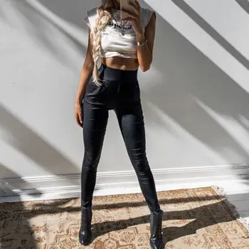 

Brand New Fashion Women Clothes PU Pants Skinny Faux Leather Stretch High Waist Trousers Black Pants New Fashion Style