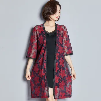 

2019 New Summer Women V-neck 3/4 Sleeve Lace Crochet Thin Long Beach Cardigan Sunscreen Clothes Shirt Hollow Out Blouse Top