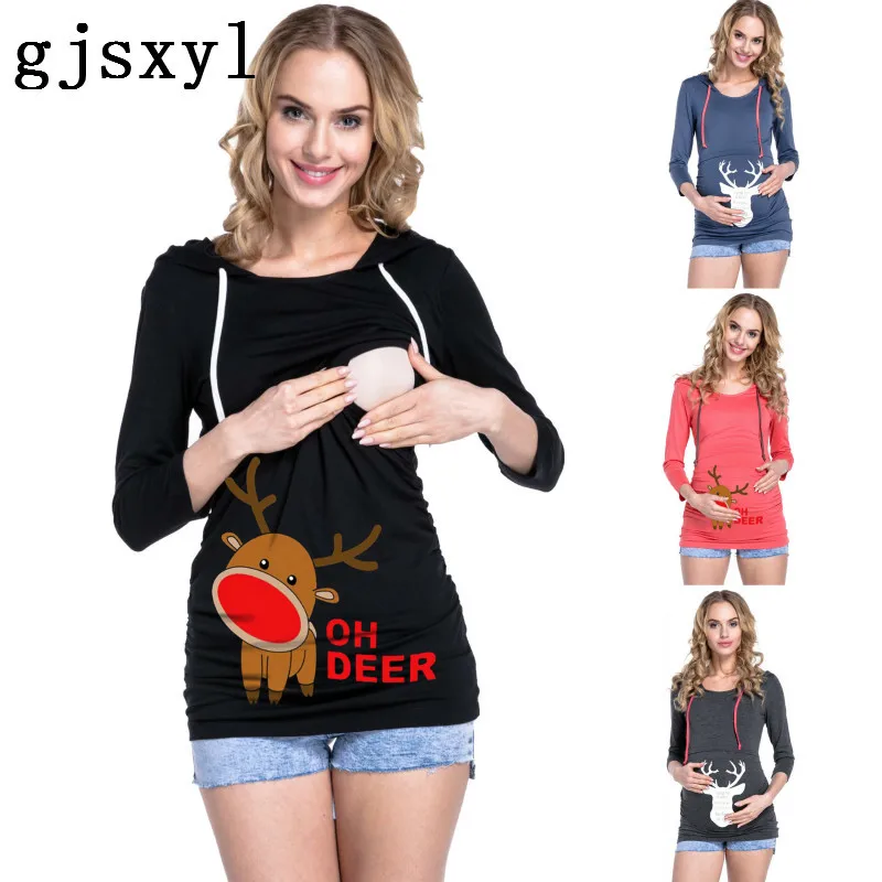 

New Pattern Round Neck Long Sleeve Even Hat Printing Sweater Christmas Pregnant Woman Lactation breastfeeding Clothes tshirt