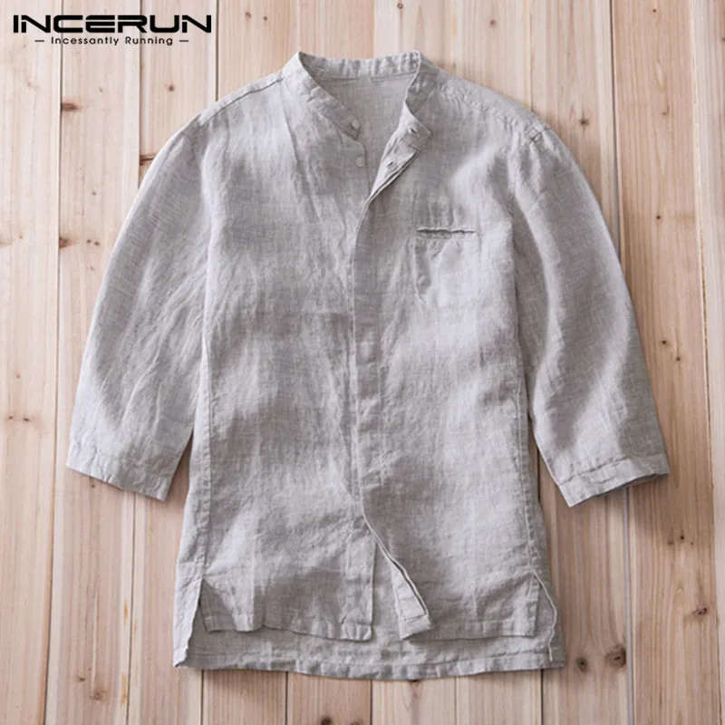 

INCERUN Fashion Men Shirt Cotton Three-quarter Sleeve Vintage Solid Stand Collar Tops Loose Summer Casual Men Shirt Camisa 2019