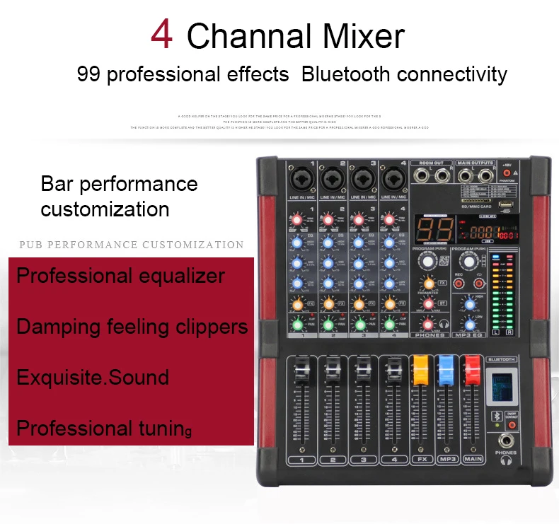 

LEORY 4 Channel Bluetooth Mixer Microphone Karaoke 99 DSP KTV Live USB Console Mixing Amplifier 48 phantom power Professional