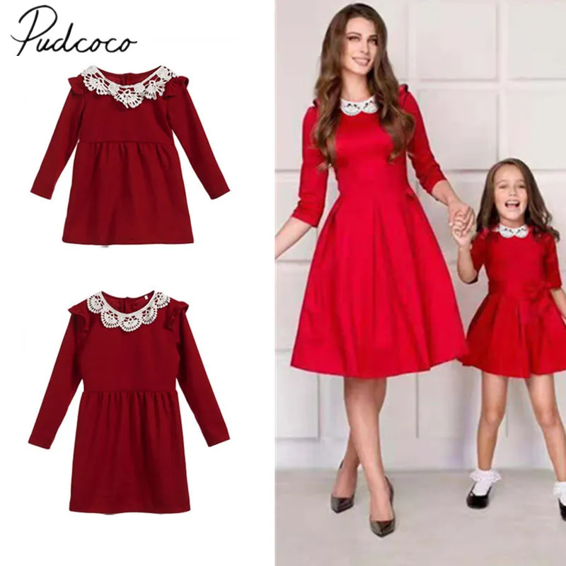 

2019 Brand New Mother Daughter Dress Xmas Evening Party Dress Lace Peter Pan Collar Red A-Line Knee-Length Family Matching Dress