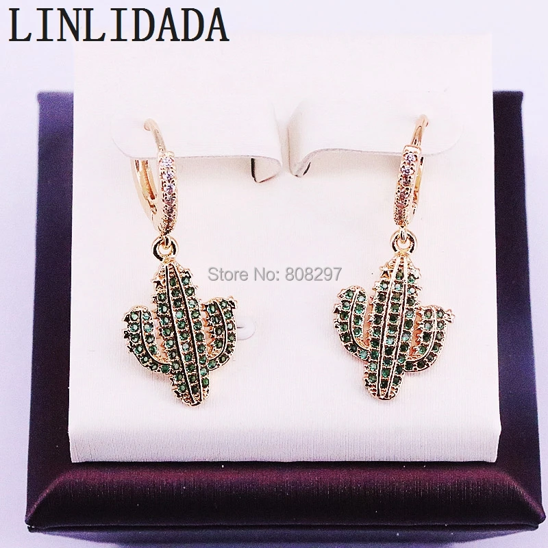 

6Pair Green cz paved Cactus Plant Gold color dangle earrings for women fashion Jewelry gift