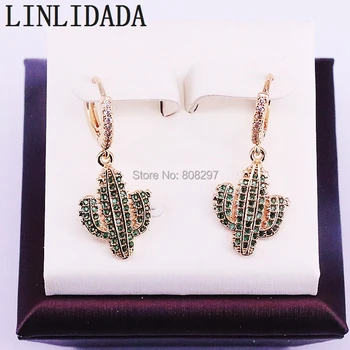 

6Pair Green cz paved Cactus Plant Gold color dangle earrings for women fashion Jewelry gift