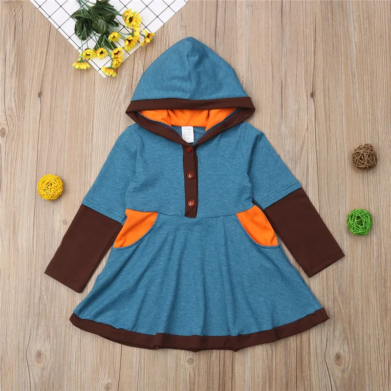 Cute Blue Autumn Hooded Long Sleeve Princess Party Tutu Dresses Girl Clothing Cotton Clothes 1-6T Children Kids Baby Girls Dress