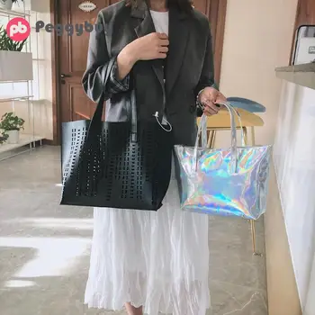 

2pcs/set Hollow Laser Handbags Women Bags Designer PU Leather Handbags Bags For Women 2019 Large Hand Bag Top-handle Bags