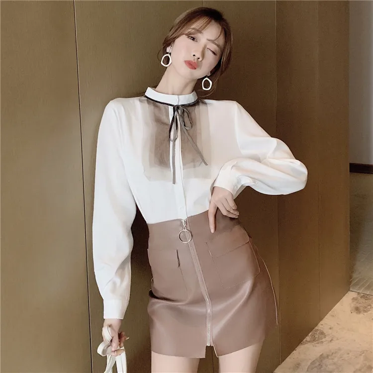 Korean New fashion camisa feminina autumn Vintage O-Neck long sleeve shirts chic Lace Panelled bow ulzzang chiffon blouse women