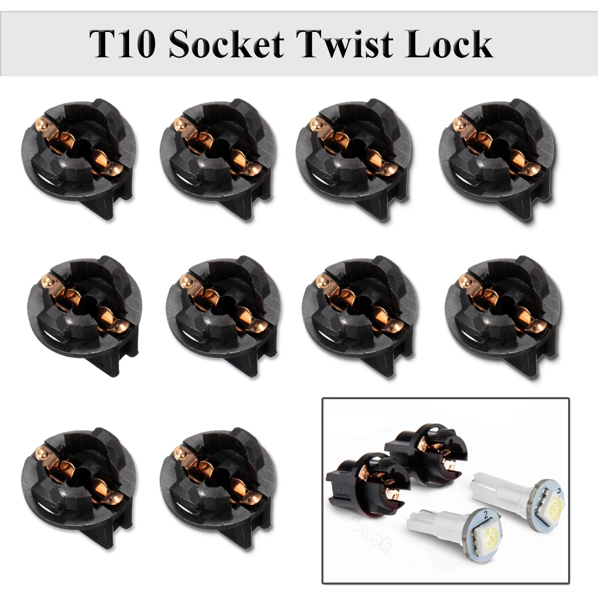

10pc T10 Twist-in interior Car Light Socket Twist Lock Plug Instrument Dashboard Panel Light Bulb 192 194 168 259 Black