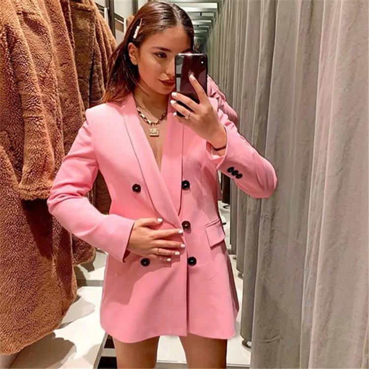 

High Quality Fashion Women Blazer 2019Long Sleeve Double Buttons Pink Blazers Outer Jacket Female High Street Wear Chic Tops