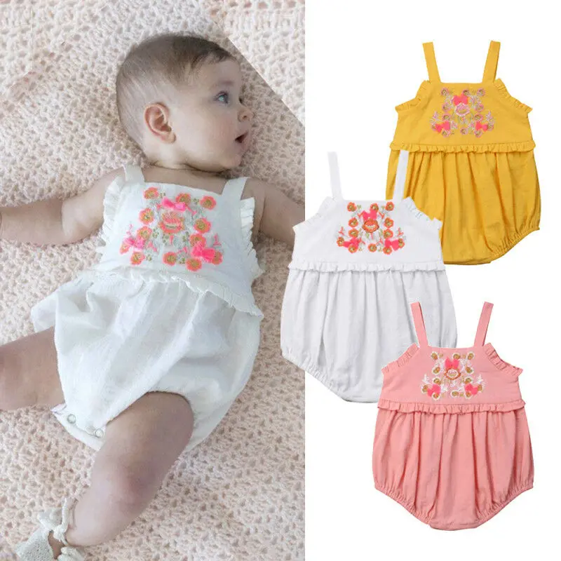 

Cute Newborn Baby Girl Embroidery Flower Strap Romper Jumpsuit Outfits Summer Sunsuit Clothes