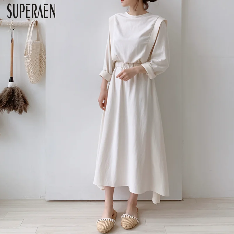 

SuperAen Korea Style Women Dress Solid Color Cotton Wild Casual Dress Female Spring New 2019 Women Clothing